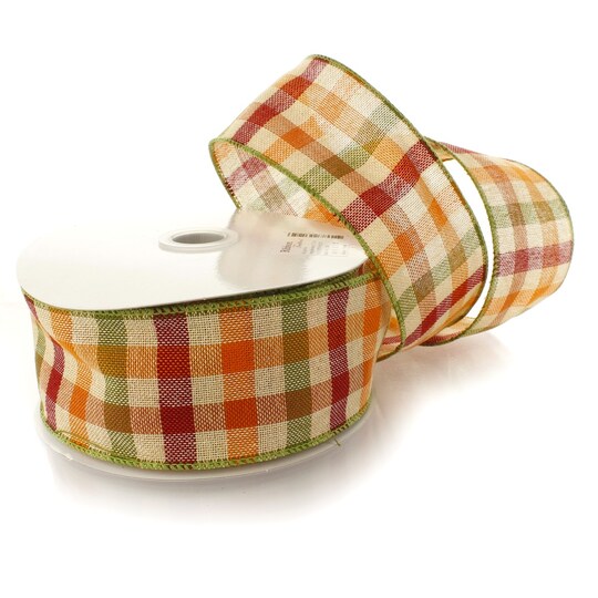 2 1/2" Wired Ribbon Fall Gingham Plaid Orange/Green/Maroon 10 Yards